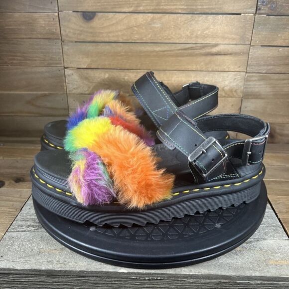 RARE Dr. Martens Womens Sz 8 Voss II Fluffy Faux Fur Rainbow Platform Sandals - Picture 3 of 10